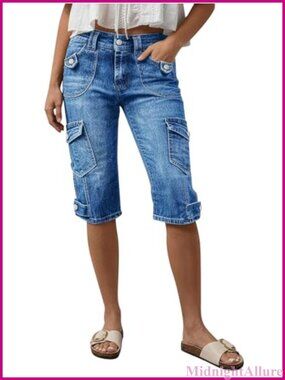 Mid Rise Straight Leg Capri Cargo Jeans Womens Casual Denim